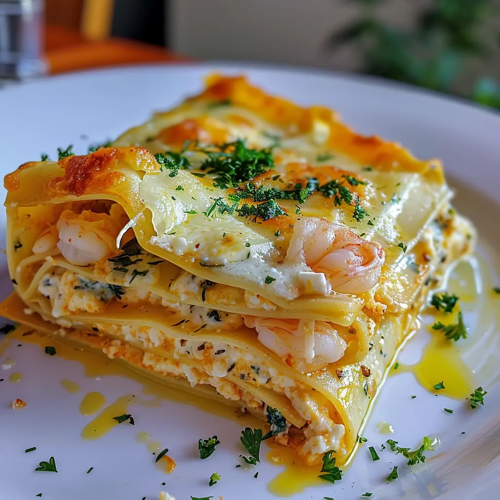  Lasagna de Camarones con Salsa Blanca y Queso 
